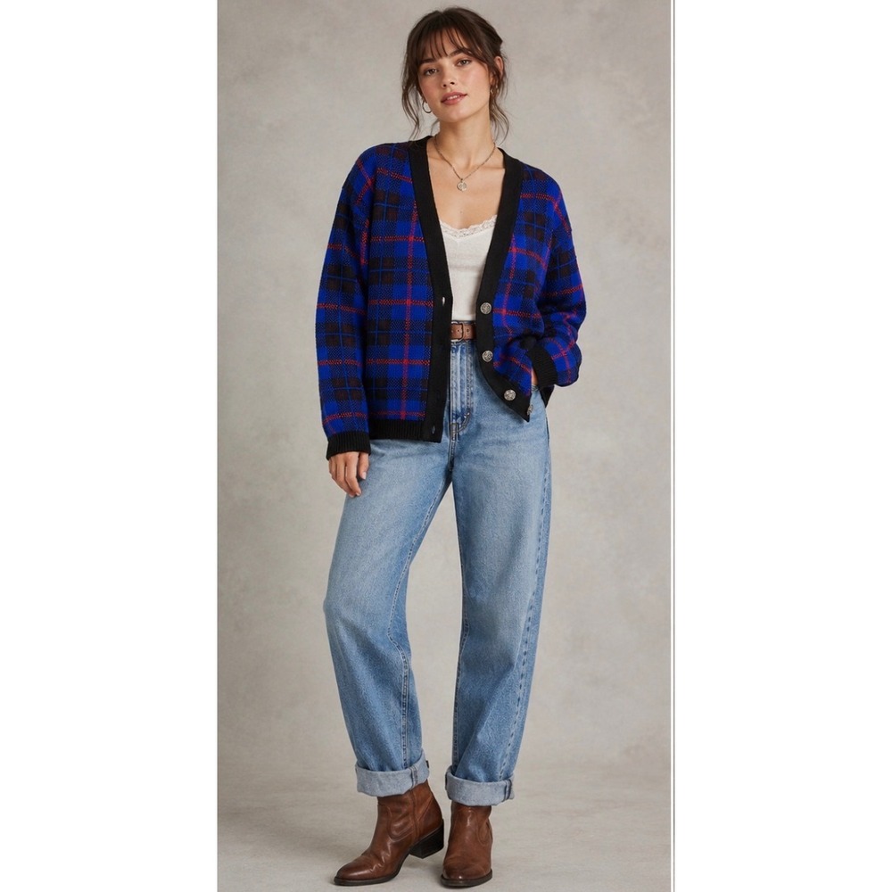 Vintage Green Lantern Plaid Cardigan Sweater Blue Black Red‎ USA Made Large 80s